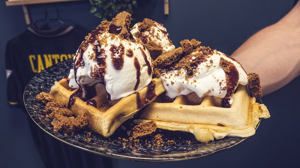 image of homemade waffles and spicy ice cream